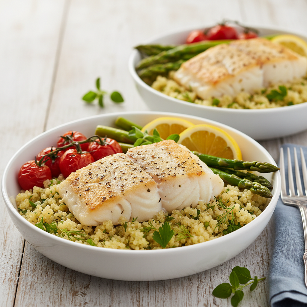 Zesty Mediterranean Baked Cod with Lemon-Herb Quinoa and Asparagus