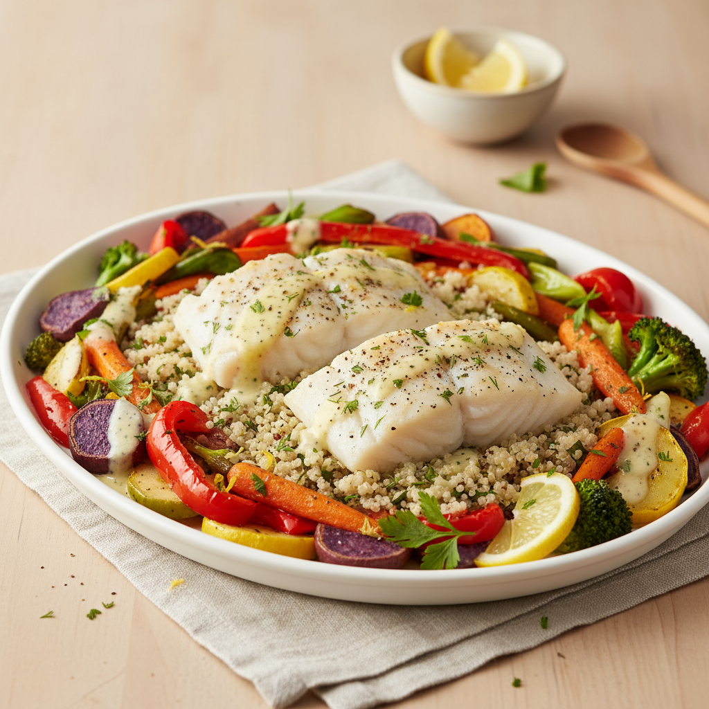 Zesty Mediterranean Cod & Rainbow Roast with Lemon-Herb Quinoa