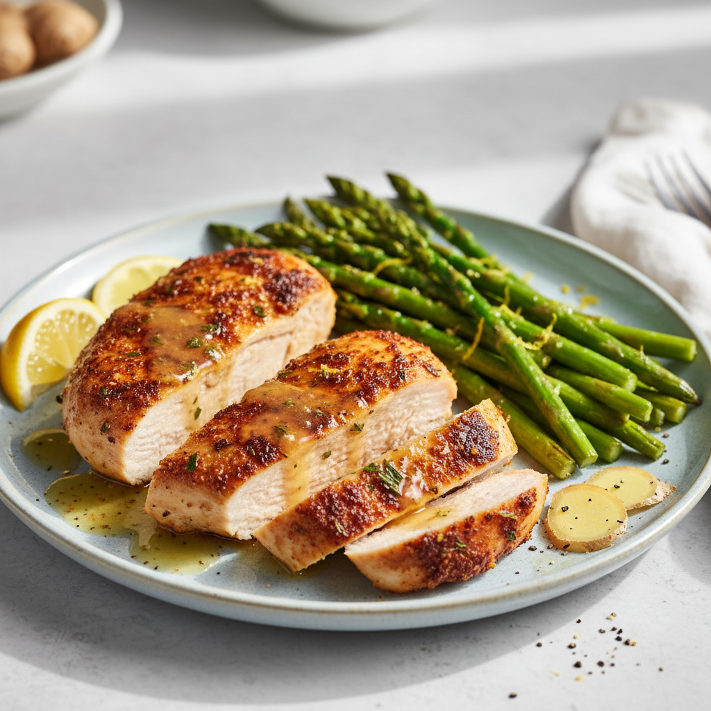 Zesty Sumac-Crusted Chicken with Golden Ginger-Lemon Glaze and Roasted Asparagus